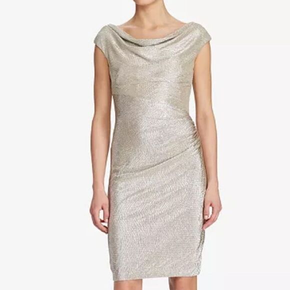 Lauren Ralph Lauren Metallic Silver Cowl Neck Cocktail Dress – Size 12 EUC - Picture 1 of 17